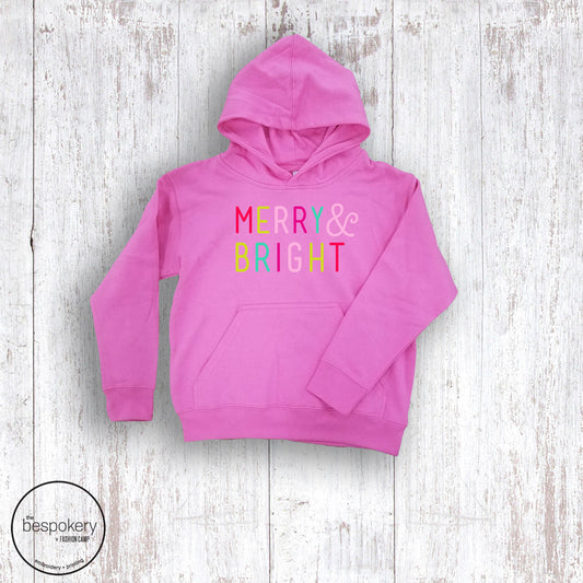 "Merry & Bright" - Pink Hoodie (Youth Only)