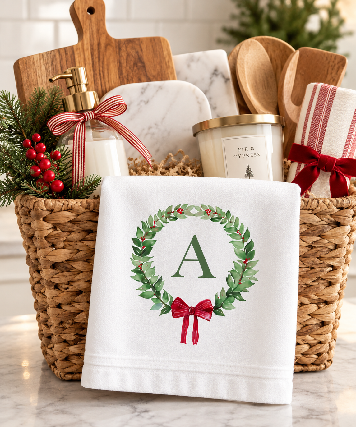 Monogram Wreath Holiday Kitchen Towel
