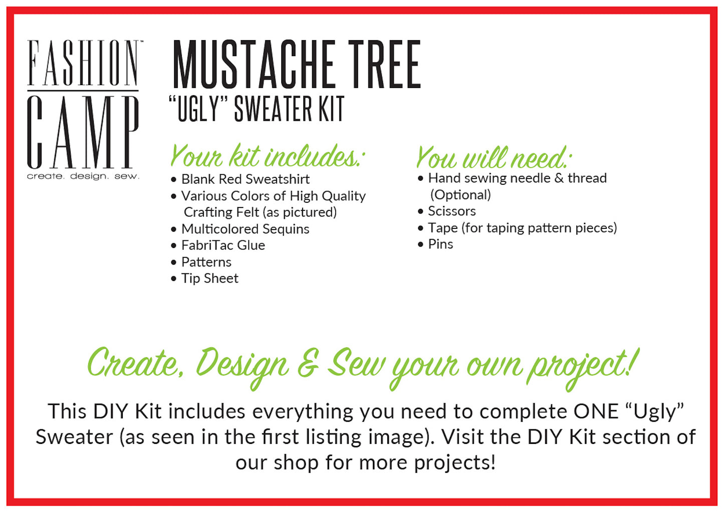 DIY Kit Ugly Christmas Sweater | Mustache Tree "Ugly" Holiday Sweater