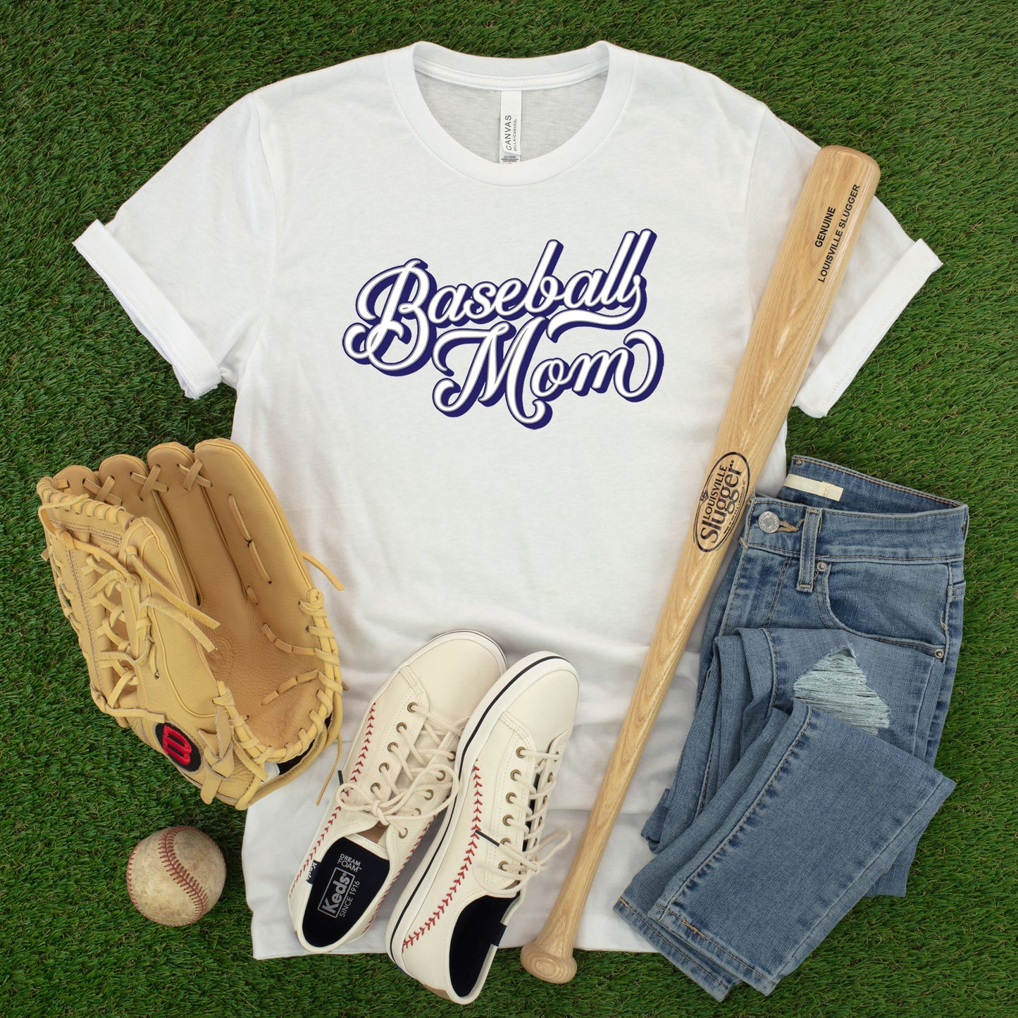 "Baseball Mom" Yankees script White T-shirt  (Adult Only)