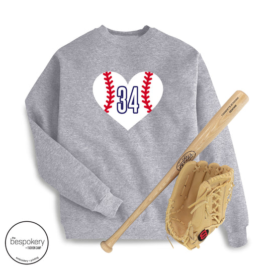 "Baseball Heart" CUSTOM number - Heather Grey Sweatshirt