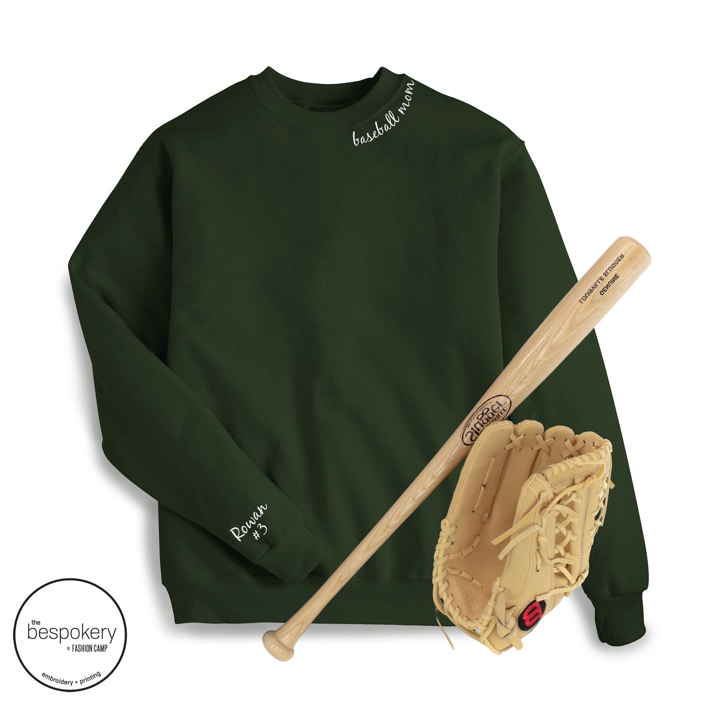 Collar "baseball mom" CUSTOM sleeve - Forest Green Sweatshirt