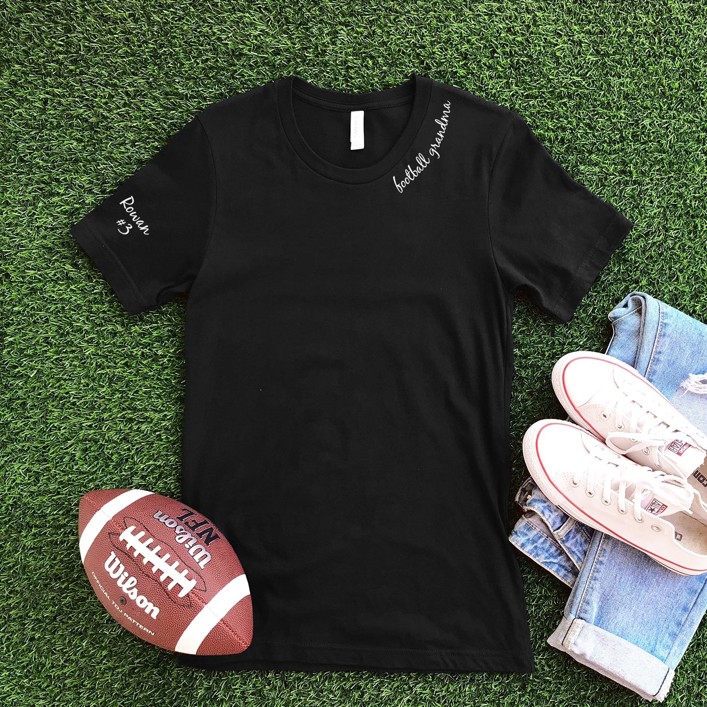 Collar "football grandma" CUSTOM sleeve - Black T-shirt