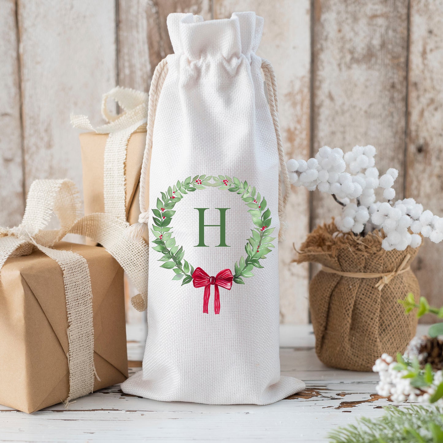 Monogram Wreath Holiday Wine Gift Bag