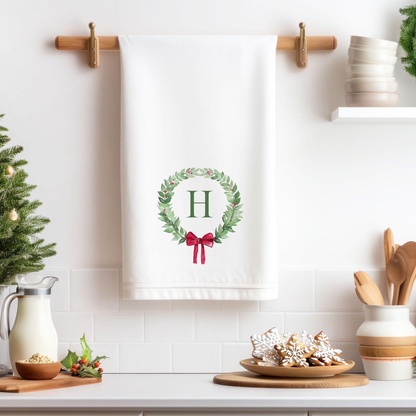 Monogram Wreath Holiday Kitchen Towel