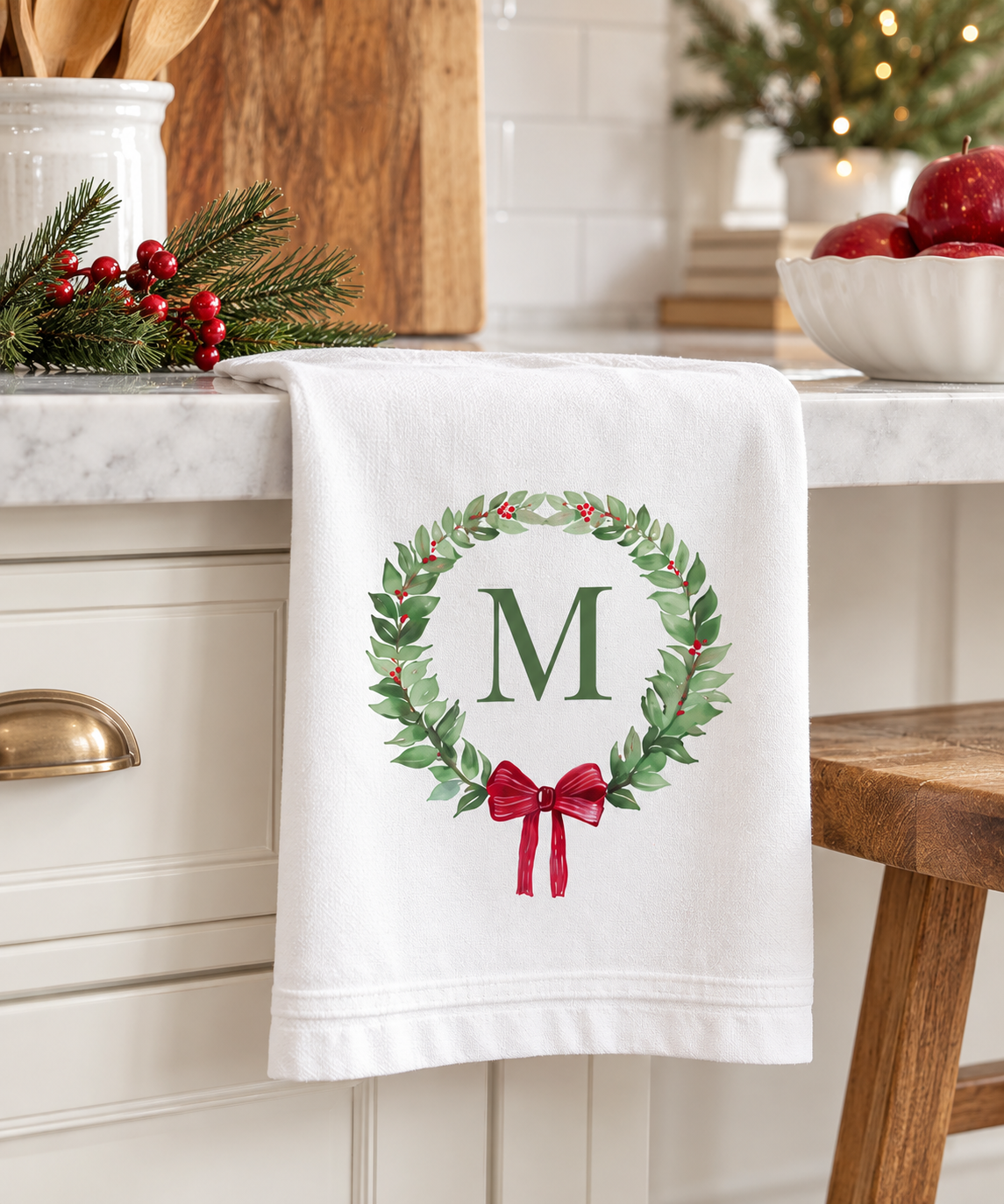 Monogram Wreath Holiday Kitchen Towel