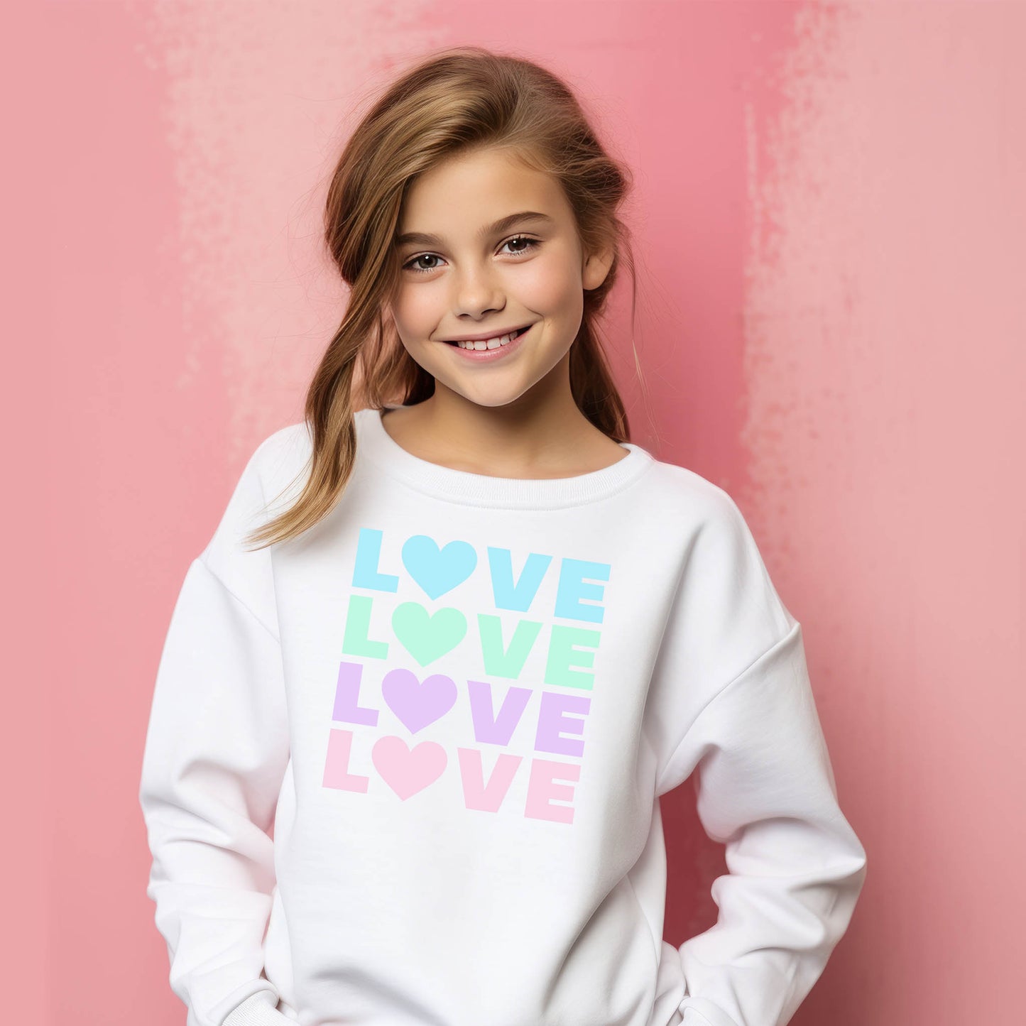 Pastel "Love" Sweatshirt-  White (Youth + Adult)