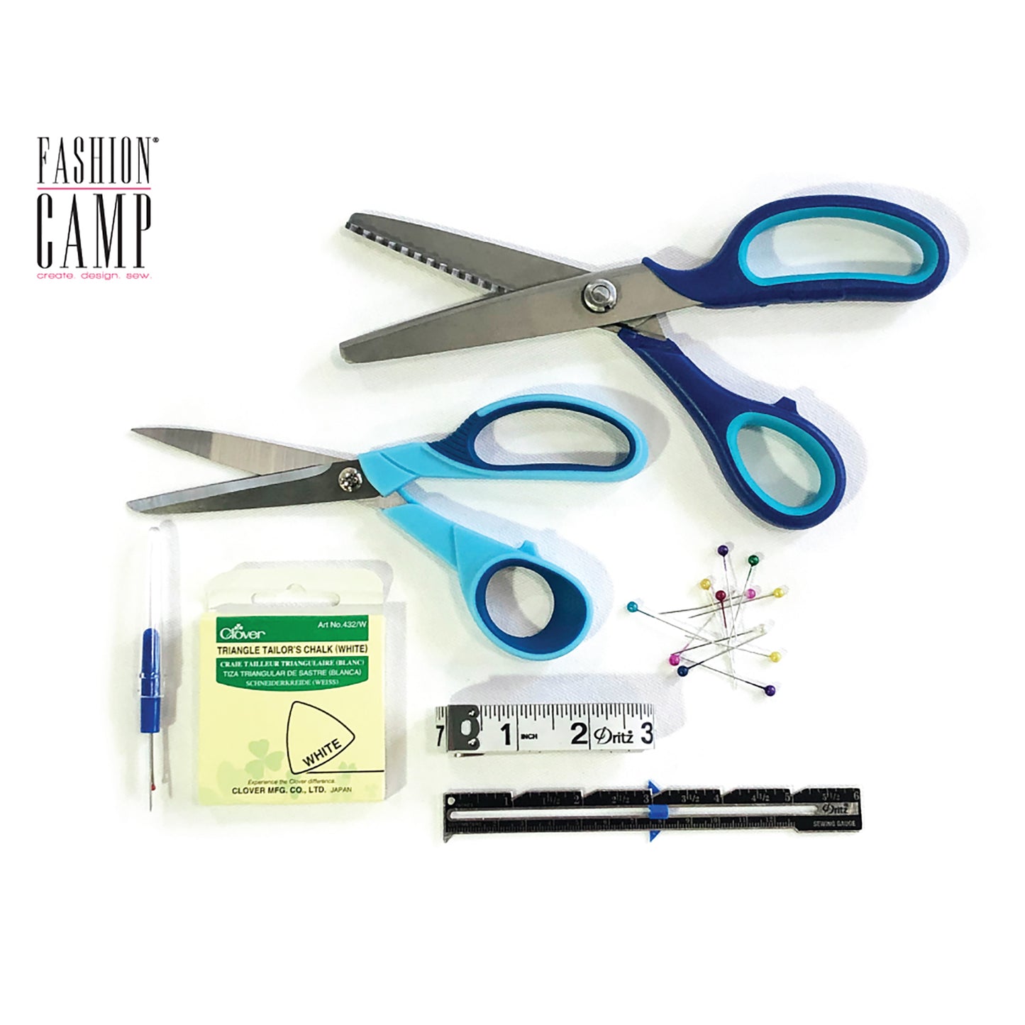 Sewing Supplies kit. Fabric shears, pinking shears, tailor's chalk, measuring tape, seam gauge, straight pins, and a seam ripper- all in a cute cloth bag! 